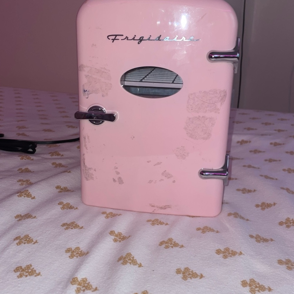 its small, pink. skin care mini fridge. 2 different types of plug ins